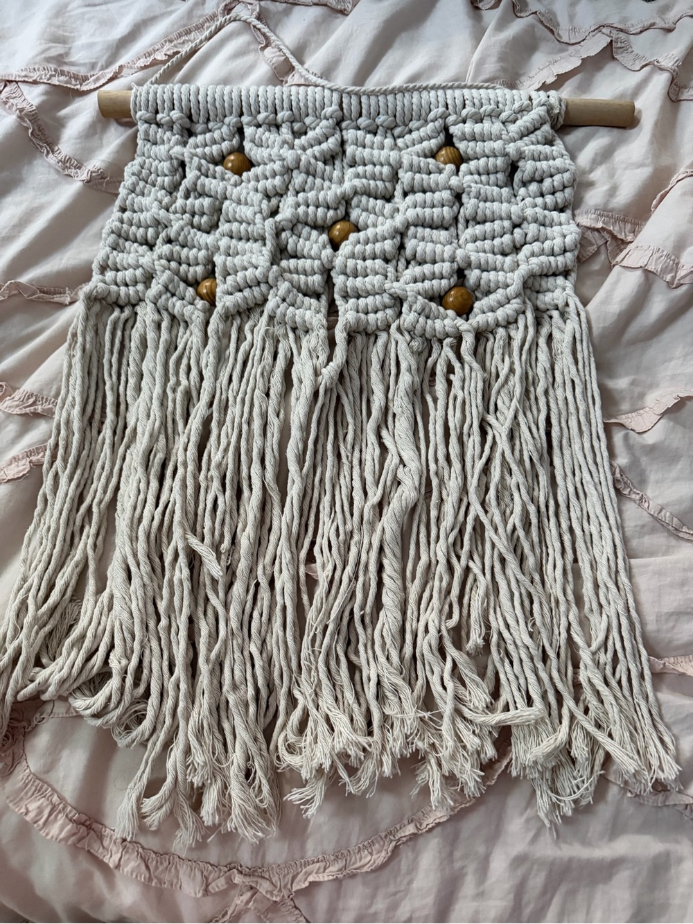 Handmade Macramé Wall Hanging with Wooden Beads - Natural Cream